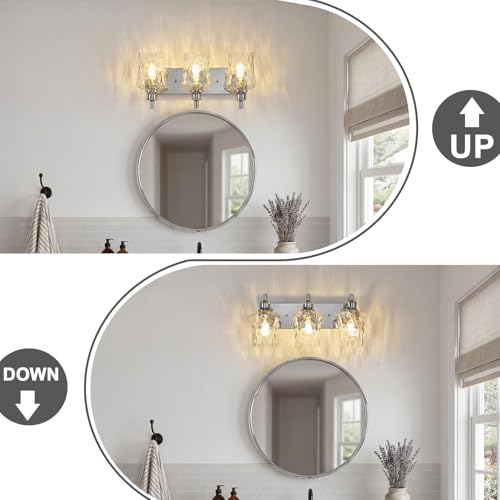 Image of Farmhouse Chrome Vanity Light, 3 Light | Bathroom Lighting Fixtures, Over Mirror, Hammered Glass Lampshade, For Cabinet Mirror Bedroom Hallway