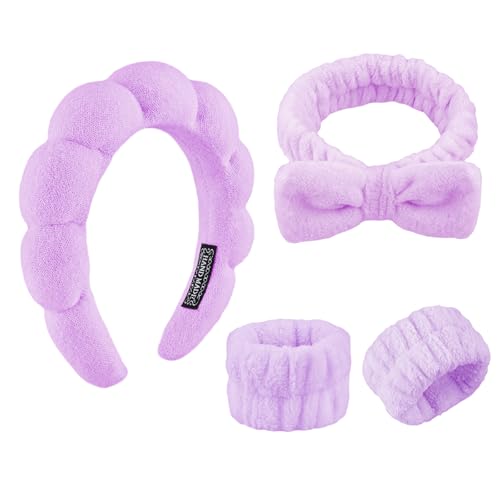 YUXIANLB Spa Headband for Washing Face Skincare Headbands for Women Makeup Terry Cloth Towel Hairband for Skincare Sponge Puffy Make Up Hair Band for Women Face Washing Wristband Set (Purple)