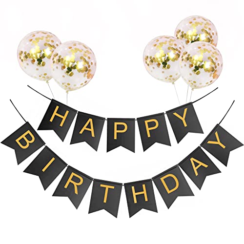 Joyeux Anniversaire Banniere Happy Birthday - Banderole Joyeux Anniversaire Avec 5 Pcs Latex Confettis Ballons pour Décorations De Fête d'Anniversaire - BY VCOSTORE(Noir) Cover