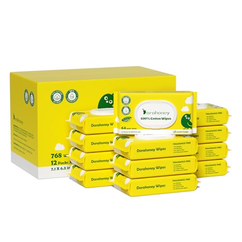 Toallitas húmedas 100% algodón para piel sensible, 99% agua purificada sin perfume, hipoalergénicas y sin plástico, 768 unidades (12 paquetes abatibles de 64)