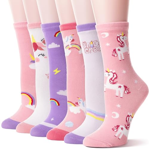 Welwoos - Kids Girls Unicorn Socks Funny Gifts Fun Crew Cute Crazy Fashion Novelty Animal Soft Cotton Socks 6 Pairs Stocking Stuffers for Girls Kids(Pink Unicorn,5-8 Y)