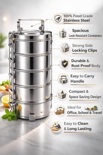 Image of WEKTU Stainless Steel Tiffin Box, 5 Tier Lunch Container with Locking Clips, Leak-Resistant Food Storage for Office, School and Travel