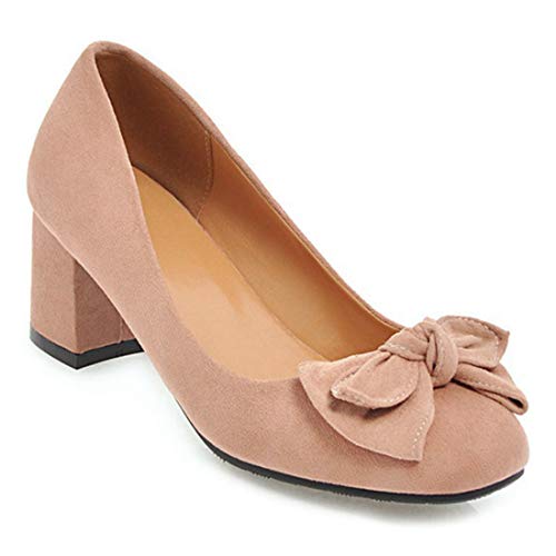 VOKLIN Women's Pointed Toe Bow Dress Pumps Suede Slip On Comfort Chunky Block Mid Heels Work Office Shoes