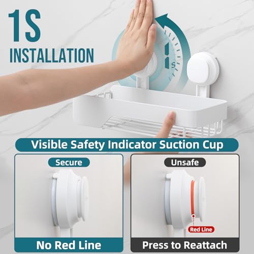 Image of TAILI Shower Caddy Suction Cup Rustproof Metal Visible indicator White | 2 Pack Rustproof,No Drilling Wall Mounted Basket, Upgraded Removable Suction Cup Bathroom Organizer Heavy Duty Shampoo