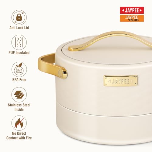 Image of JAYPEE Luxura Inner Stainless Steel Serving Casserole Set of 3 Elegance Unique Design PU Insulated 100% Food Grade with Lockable Lid, Chrome Plated Handle Hot Case |1500, 2000, 2500 ml, Ivory