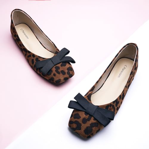 C.Paravano Women's Flats | Square Toe Flats | Bowknot Dressy Women Shoes (Size 10,Leopard)2