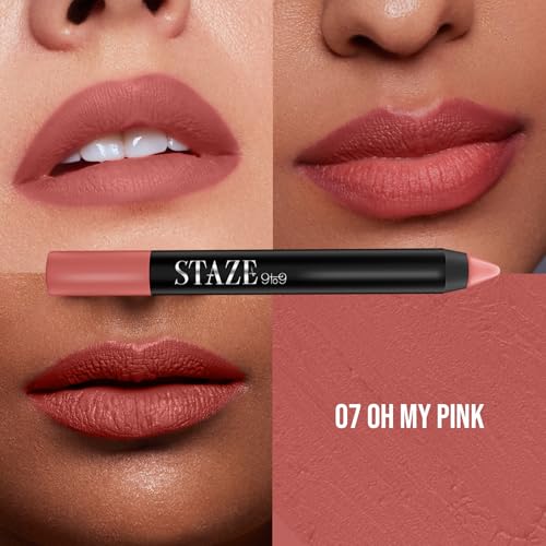 Image of Staze Pout On Transfer proof Lip Crayon | Upto 12 hours long stay | One Swipe High Matte Pigment | Vitamin E & Jojoba Oil | Sharpenable Smudgeproof & Waterproof Lip Crayon | 07 Oh My Pink | 3.5g