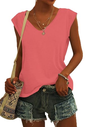 NARRAME T-Shirt d'été à Manches Courtes et col en V pour Femme - Débardeur léger et décontracté Uni Rose Corail Grand L 42-44