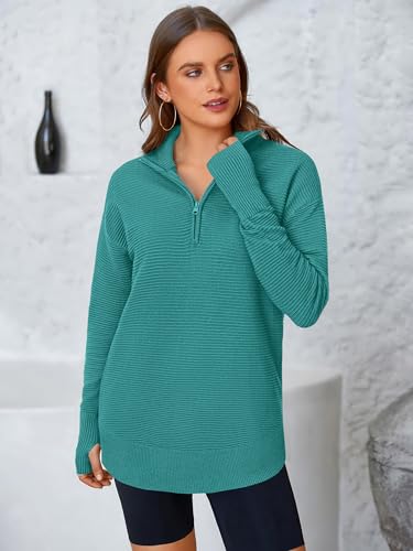 Image of PRETTYGARDEN Womens Long Sleeve Quarter Zip Pullover Sweater | Casual Loose V Neck Sweaters with Thumb Hole, Collared Ribbed Knit Jumper Tops, Oversized Tunic Tops, Fall Outfits 2026