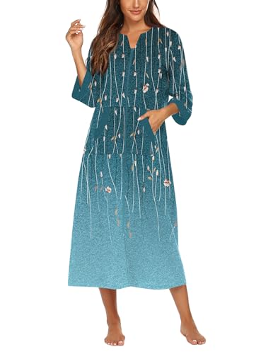 Image of Ekouaer Women Zipper Robe 3 /4 Sleeves Loungewear Dress Full Length Sleepwear Pockets Housecoat Nightgown Long Bathrobe