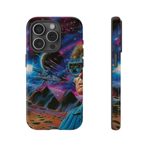 Coque iPhone 15 Pro Futuriste Space Battle en rigide brillante bleue