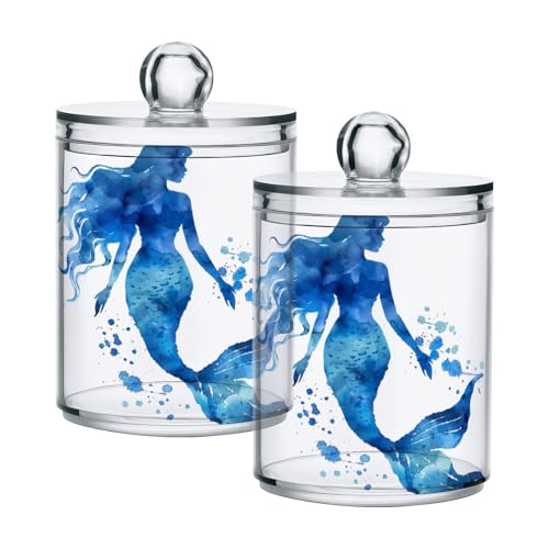 Msyxl 2 Pack Watercolor Blue Mermaid Apothecary Jars with Lid, Qtip Holder Storage Containers for Cotton Ball, Swabs, Pads, Clear Plastic Canisters for Bathroom Vanity Organization (10 Oz)