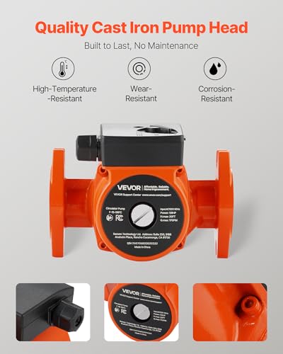 Image of VEVOR F-15-58FC Cast Iron Circulator Pump, 17 GPM, AC 120V 20 ft Hot Water Recirculating Circulation Pump, 1-Inch Flange Connection, 3-Speed Adjustment, Quiet Operation, for Home Water Heating System