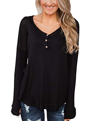 Minthunter Women's Long Sleeve Henley T-Shirt Casual Tops with Buttons V Neck Tunics Black