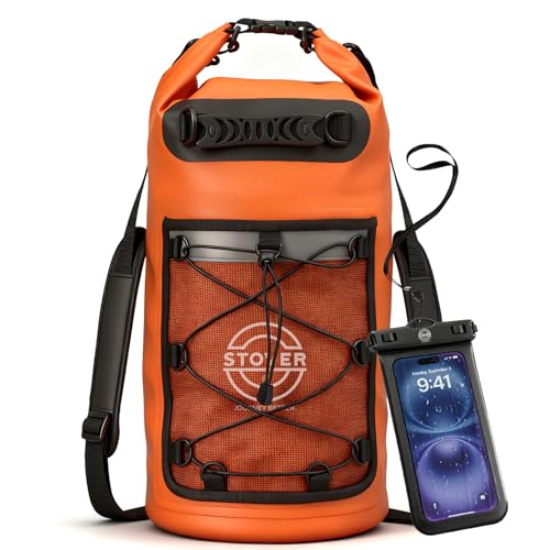 Image of STOVER 5 /10 /25 /30 /40L Waterproof Dry Backpack & Phone Case- Large Floating Dry Bag for Kayaking, Travel, Hiking, Fishing, Camping, Motorcycles & Beach, Heavy-Duty Roll Top Men /Women (Orange)