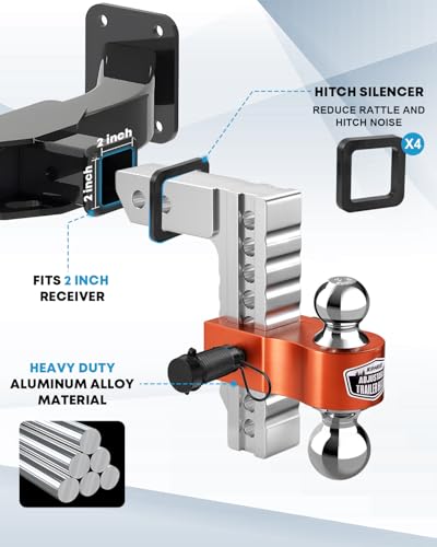 Image of Kohree Adjustable Trailer Hitch Fit 2 Inch Receiver, Dual Solid Ball 2 inch and 2-5 /16 inch(12,500 LBS GTW), 8 inch Drop & Rise Heavy Duty Aluminum Tow Hitch with 4 Silencer Pads & 2 Locking Hitch Pin, Orange