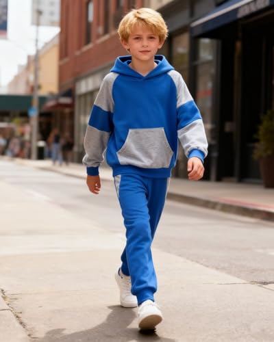 Image of 5-11Y Boys Clothes Long Sleeve Hooded Pullover Colorblock Sweatshirt + Pants 2pcs Fall Winter Outfit Set