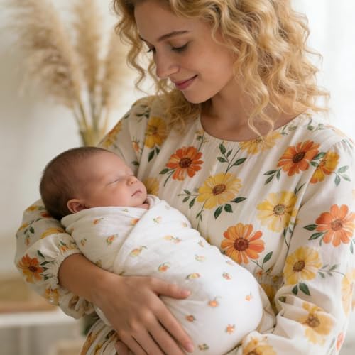 Image of LifeTree Baby Muslin Swaddle Blankets for Boys & Girls, Newborn Swaddle Set with Matching Headband Bow, Infant Blanket Wrap, 47 x 47 inches, Peach, 70% Viscose from Bamboo and 30% Cotton