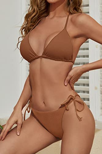 Image of Zuvebamyo Women's Two Piece Bikini Swimsuit Sexy Ribbed Triangle Top Bathing Suits String Cheeky Bikini Sets