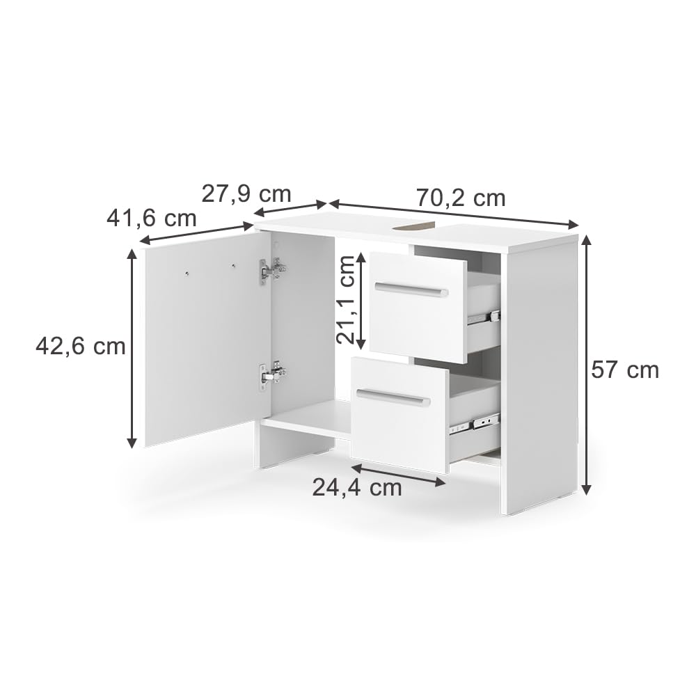 Vicco Mobile sottolavabo per bagno Karli, Bianco, 70.2 x 57 cm con 2 cassetti e 1 anta, adatto per il montaggio sotto lavabi standard