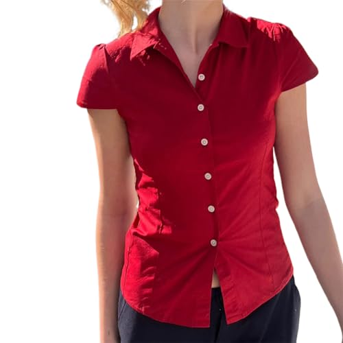 Image of Y2k Girls Vintage Coquette Button Down Shirt Women Short Sleeve V-Neck Slim Fitted T-Shirt Cute Blouse Crop Top