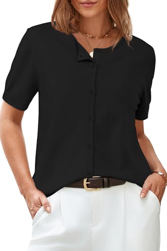 Arach&Cloz Womens Fashion Summer Short Sleeve Cropped Cardigan 2025 Spring Lightweight Button Down Tops Crew Neck Bolero Shrug Business Casual Outfits Work Trendy Black S