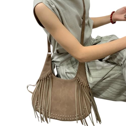 Image of Women Vintage Suede Fringe Hobo Bag Tote Shoulder Bag Crossbody Bag and Hippie Western Cowgirl Purse Shoulder Bag
