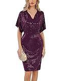 Bling Shiny Sequin Dress for Women Glitter Short Sleeve Sexy Sparkly Glitter Midi Bodycon Party Dress Purple XL
