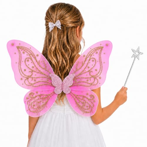 Butterfly Fairy Wings 24x15.4 for Kids Butterfly Costume with Gold Star Patterns and Wand Halloween Birthday Party Cosplay Pink