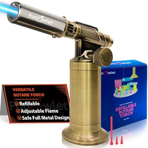 FunOwlet Refillable Butane Torch Lighter, Premium Metal Soldering Blow Torches with Adjustable Precision Flame for Kitchen Culinary Cooking, Creme Brulee, Industrial Welding DIY - Gas Not Included Cover