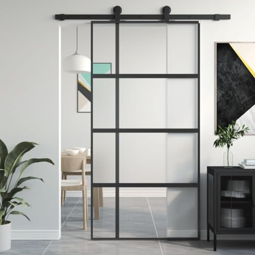 Homgoday Puerta corredera negra de vidrio templado y aluminio, 102,5 x 205 cm, puerta corredera de granero, puerta corredera para el hogar, material de construcción interior, tipo 7 herrajes