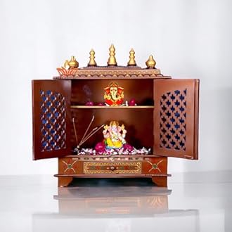 LOYALCRAFT Wood Mandir/God Stand For Home/Stand Mandap/Mandapam/Pooja Mandir With Doors (Large 24X12X30 Wxdxh INCH, Brown)