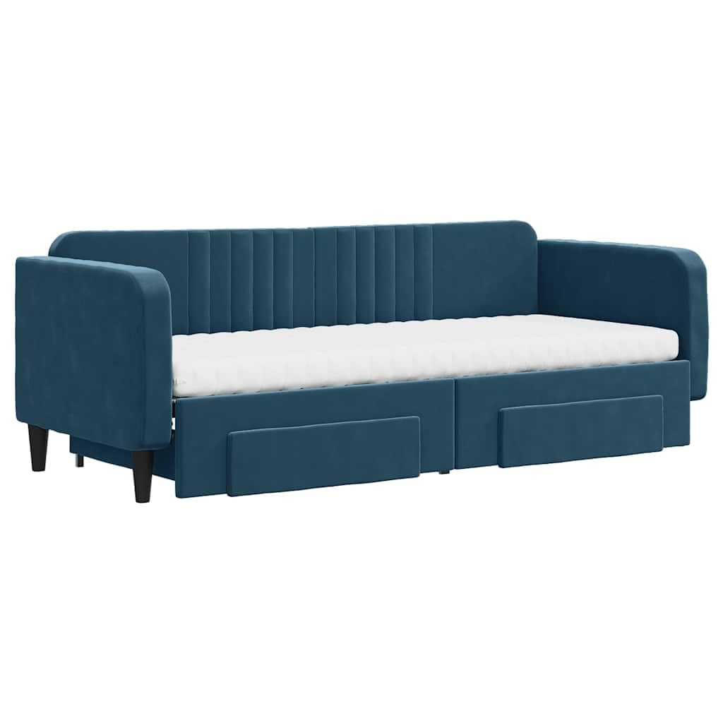 Ausziehbares Tagesbett Samt Blau 80x200 cm, Schlafsofa mit 2 Schubladen und Matratzen, 2in1 Gästebett platzsparend für Wohn- & Schlafzimmer, Robustes Holz-Metall-Gestell