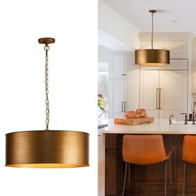Ludil 21" Vintage Metal Drum Chandelier, 4-Light E26 Industrial Adjustable Chain Hanging Pendant Light Fixtures for Foyer Entryway Kitchen Bedroom, Golden Bronze Finish