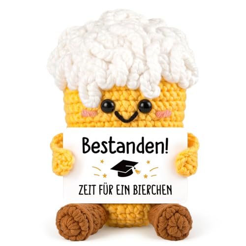 Juratar Geschenk Bestanden! Lustiges Bier Gehäkelter Mutmacher Glückwunsch zur Prüfung Abschluss Abitur Master oder Führerschein oder neuen Job Kleines Geschenk für Männer & Frauen