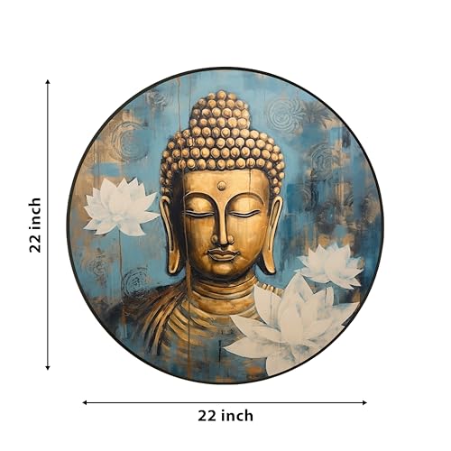 Image of PAINTINGMANTRA Framed Painting Meditating Lord Buddha with Lotus Round Large Wall Art for Living Room Decoration, Circular Gold Metal Finish Stylish Large Wall Art Print for Wall Decor (22x22 Inches)