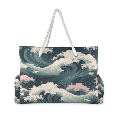 ATTX The Great Wave Beach Bags for Women - Large Beach Bags with Zipper Waterproof Sandproof Swim Pool Bag Large Tote#312