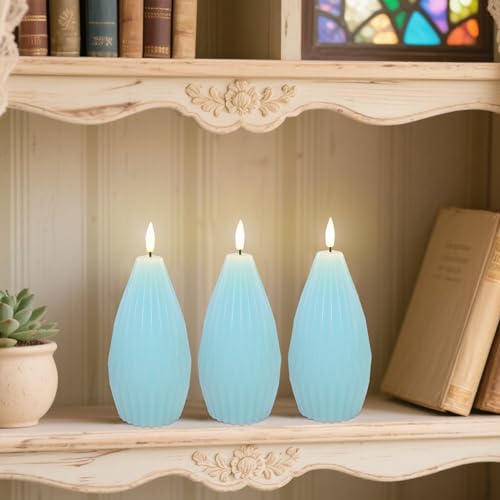 Image of Blue Ribbed Flameless Candles Battery Operated with Remote Flickering Realistic LED Real Wax Decorative Candle Geometric Aesthetic Modern Ocean Decor for Home Table Fireplace, 3 Pack