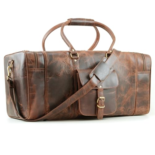 Handmade World 24 Inch Full Grain Crunch Leather Weekender Duffle Bag 'The Mettle' For Travel Sports Luggage Business For Men Women (Crunch Leather)