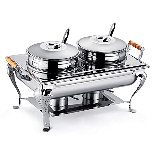 UMJIGF 9L Full Size Soup Buffet Server, Stainless Steel Food Warming Steam Table with 2 Round Pots, 2 Ladles and Handles for Catering and Restaurants,