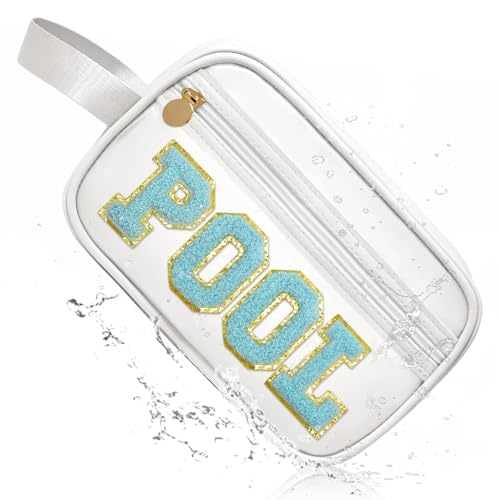 Image of COSHAYSOO Clear POOL Makeup Bag Small Travel Pouch for Women Teenager Girls Pool Accessories Stuff Organizer Preppy Chenille Letter Patch Summer Girly Things