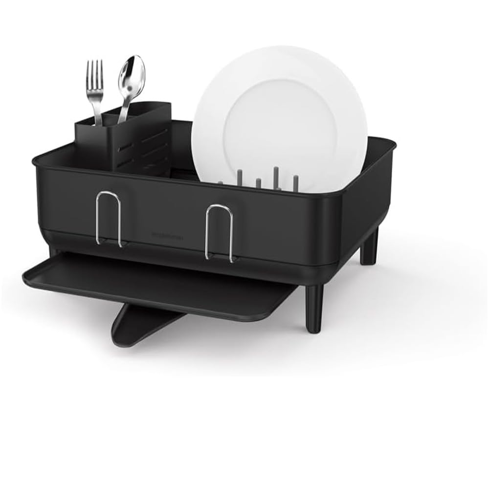 simplehuman Steel Frame Dishrack, Compact Dish Drainer Rack for Small Kitchens, 360º Easy Drain Swivel Spout, Anti-Residue Coating, Moisture Control Surface, Matte Black — image 1