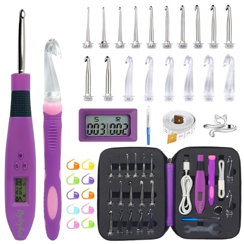 Light Up Crochet Hooks Set-18 Sizes Digital Crochet Hook with Counter 2.0~14.0mm, Ergonomic Lighted Crochet Hooks for Stitch & Row Counting
