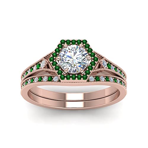 Image of Choose Your Gemstone Vintage Hexagon Halo Bridal Ring Set Rose Gold Plated Round Shape Wedding Ring Sets Matching Jewelry Wedding Jewelry Easy to Wear Gifts US Size 4 to 12