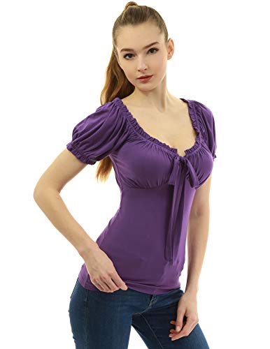 AmélieBoutik Women Ruffle Trim Tie Notch Neck Raglan Puff Short Sleeve Blouse Top2