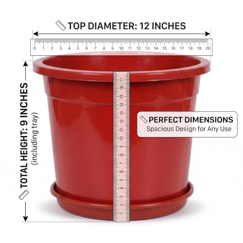 Image of 12 Inch Glossy Red Plastic Planter with Bottom Plate | Heavy Duty Flower Pot with Tray for Indoor Home Decor, Balcony, Living Room & Outdoor Garden (4 Pot, Red)