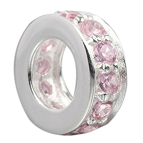 925 Sterling Silver Spacer Charm Bead with Clear CZ for Charms Bracelets (Pink)