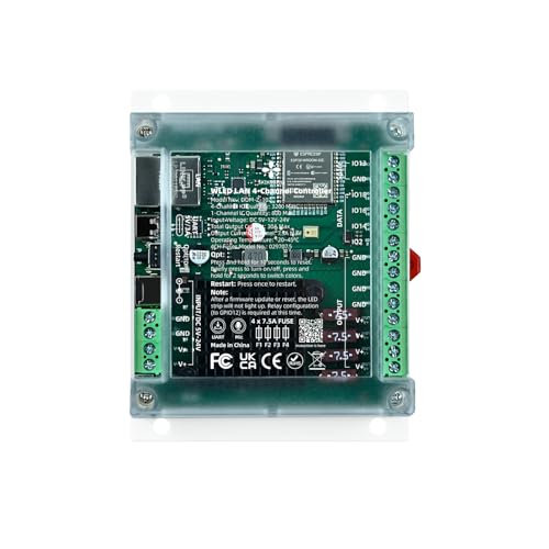 ESP32 WLED Controller with Ethernet + WiFi 4-Channel 30A Addressable LED Strip Lights Controller DC 5-24V Wide Voltage DIN Rail Mount Music Sync Replaceable 7.5A Fuses USB-C UART (5V/3A)