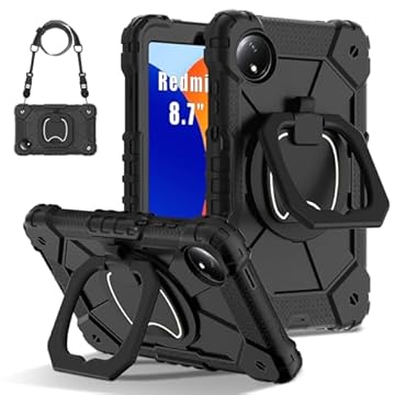 Capa compatível com Xiaomi Redmi Pad SE 8.7/Redmi Pad SE 4G lançado em 2024, capa de tablet resistente à prova de choque com suporte de alça + alça de ombro capa protetora robusta. Preto + preto