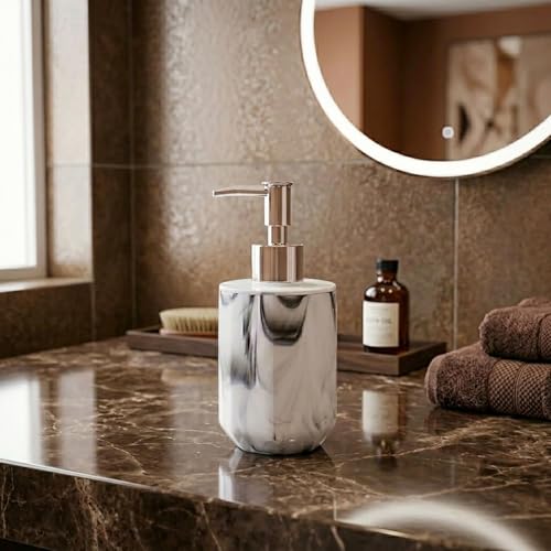 Image of Luxe Home International Marble Pattern Plastic Soap Dispenser for Bathroom and Kitchen Sink Leak Proof Liquid Hand Wash Round Bottle Lightweight Smooth Finish (17x8 cm White) Pack of 1